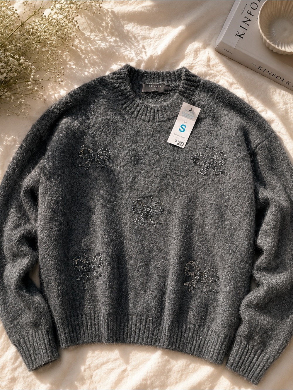 NWT Primark Gray Fuzzy Sweater Sequin Bow Detail Size S